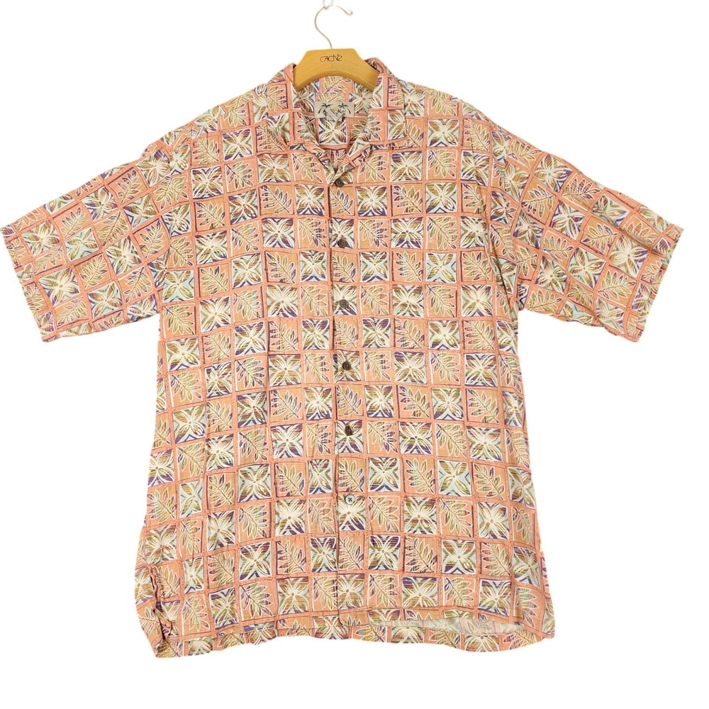 Kona Kai Trading Co Mens Large Orange Geometric‎ Tropical Floral Camp Shirt 0302
